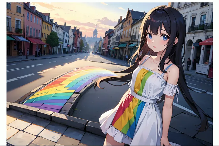 An anime girl in a rainbow dress in the middle of an old town square