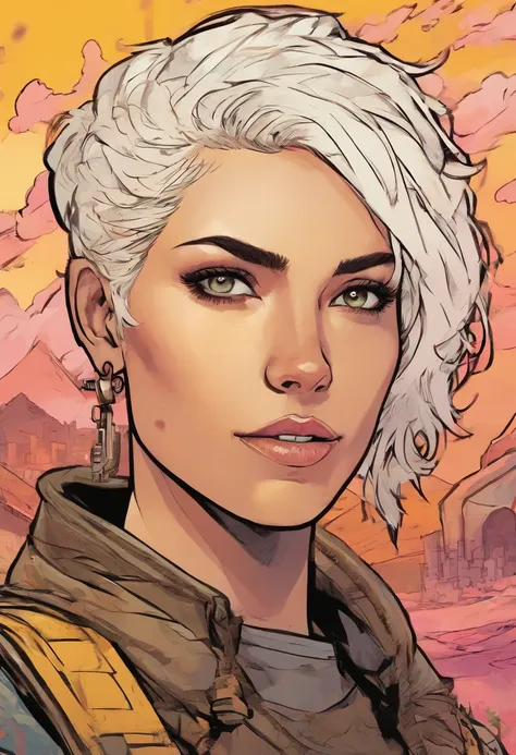 highly detailed portrait, post apocalyptic young female rhea ripley, toned muscular, mad max inspired, white hair by gustav klimt,art nouveau, art by greg rutkowski, by greg tocchini, by joe fenton, gradient yellow, black, brown and pink color scheme, grun...