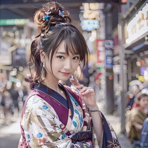 女の子1人、on tokyo street、A city scape、The upper part of the body、wearing Japanese kimono、Piercing with a kanzashi with hair up、a closeup、A smile、、(8K、Raw photography、top-quality、​masterpiece:1.2)、(realisitic、photoRealstic:1.37)、Highly detailed eyelash drawing...