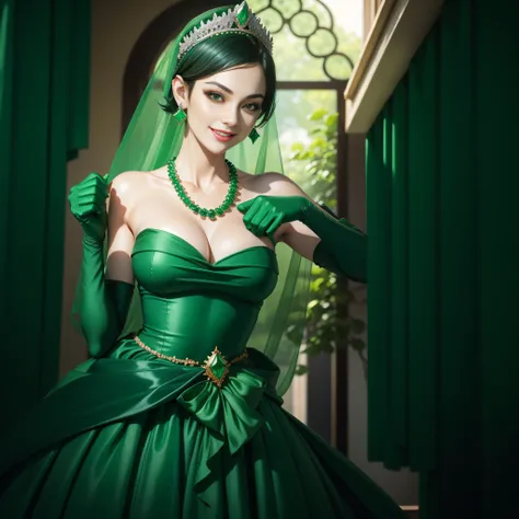 emerald tiara, Green Pearl Necklace, Boyish very short black hair, lipsticks, Japan woman smiling, very short short hair, big breasts beautiful, Green eyes, Long green gloves made of satin material, Green eyes, Emerald Earrings, Green dress