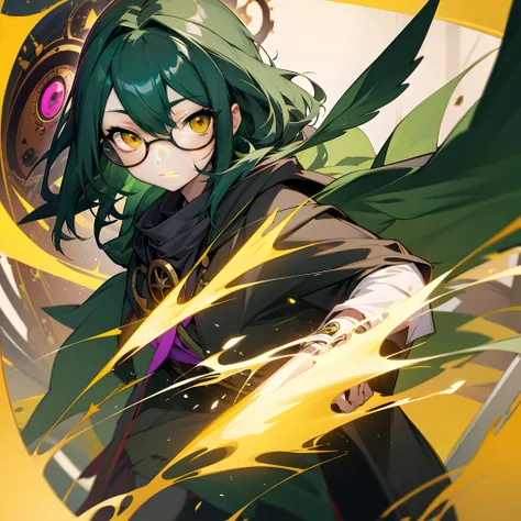 Dark green hair，teens girl，Yellow eyes，cloaks，Mechanical glasses，mechanical sense，Mechanical wings，Third eye mechanical eye，magia