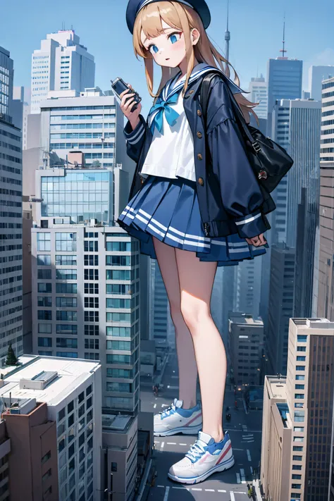 huge maiden in sneakers，a girl taller than a building，a sailor suit，short  skirt,crouch girl，train miniature toy in hand