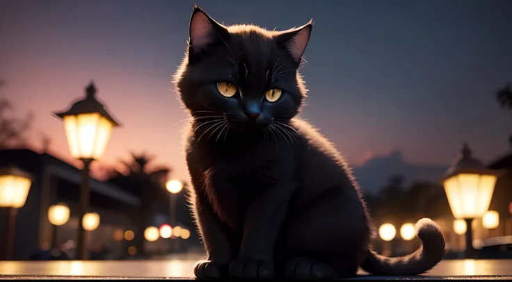 Gatinho negro na noite ao luar, imagem com muitos detalhes