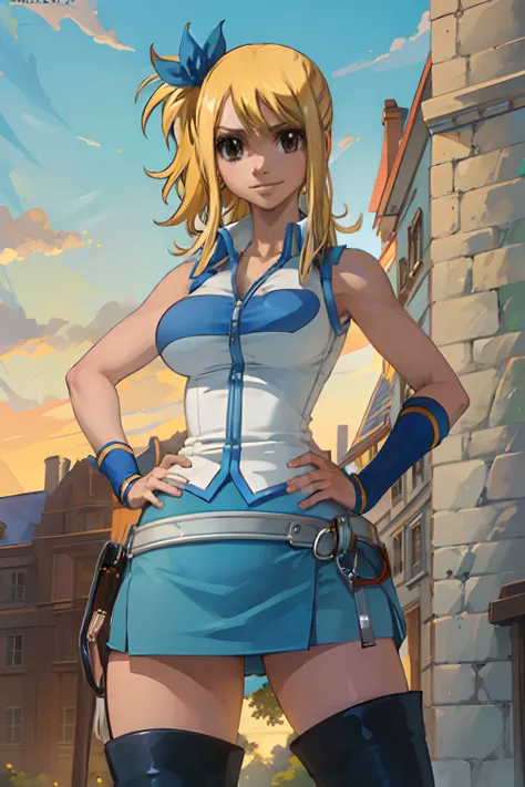 (masterpiece, best quality:1.2), solo, 1girl, lucy heartfilia, smile, looking ta viewer, hands on hips, blue sleeveless, miniski...