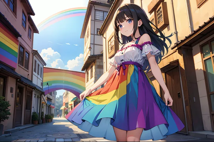 An anime girl in a rainbow dress in the middle of an old town square