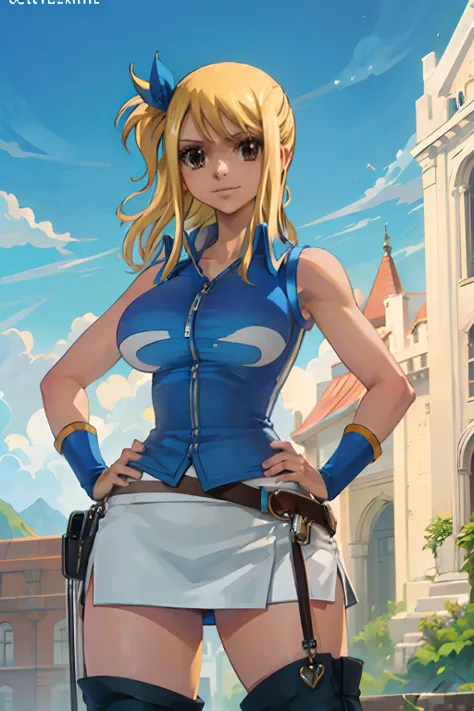 (masterpiece, best quality:1.2), solo, 1girl, lucy heartfilia, smile, looking ta viewer, hands on hips, blue sleeveless, miniski...