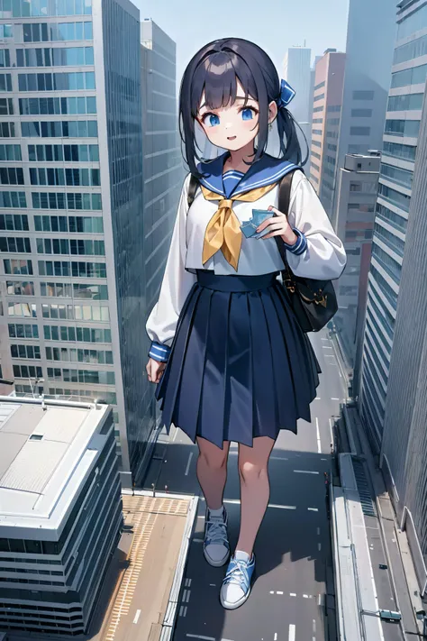 Huge maiden in sneakers，A girl taller than a building，a sailor suit，short  skirt,Crouch girl，Train miniature toy in hand