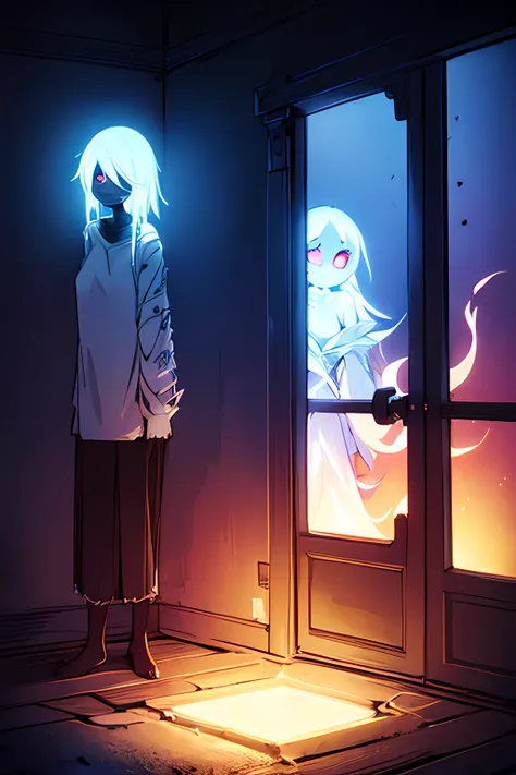 1ghost girl, white hair, glowing gold eyes, ripped clothes, abandoned house, smug, cute, stitches, tired, pure white skin, nighttime