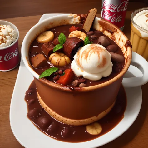 Feijoada grande,servida na panela,molho de pimenta,com coca cola grande,sorvete de sobremesa,qualidade superior,foto realists