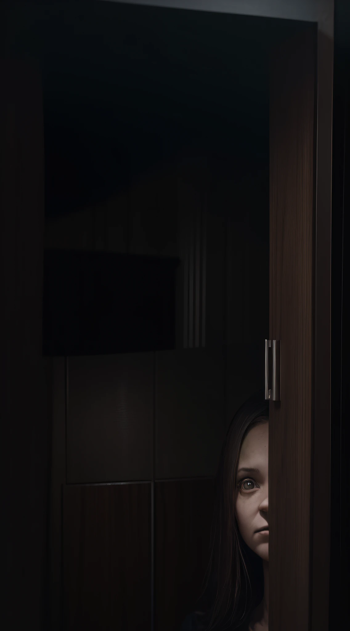 Best quality, masterpiece, ultra high res, (photorealistic:1.4), a woman inside a kitchen cupboard,(spooky), (creepy), unnerving, unsettling, terrifying, 80mm, horror lighting