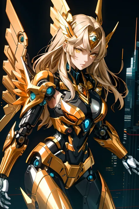 masterpiece, best quality, glowing eyes,long hair with long locks,orange ,goldend eyes,large_breasts,{{Mechanical wing}},{{Metal wings}},{{Mecha wing}},{mecha clothes},robot girl,beautiful detailed face,Mechanical-arm,((beauty detailed eye)),{mecha,huge_fi...