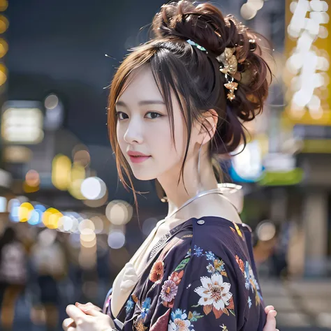 女の子1人、on tokyo street、A city scape、The upper part of the body、wearing Japanese kimono、Piercing with kanzashi with hair up、a closeup、A smile、、(8K、Raw photography、top-quality、​masterpiece:1.2)、(realisitic、photoRealstic:1.37)、Highly detailed eyelash drawing、(...