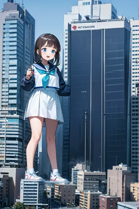 Huge maiden in sneakers，A girl taller than a building，a sailor suit，short  skirt,Crouch girl，Train miniature toy in hand