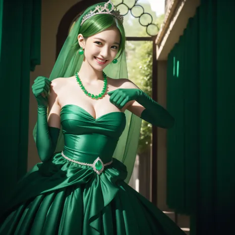 emerald tiara, Green Pearl Necklace, Boyish very short black hair, lipsticks, Japan woman smiling, very short short hair, big breasts beautiful, Green eyes, Long green gloves made of satin material, Green eyes, Emerald Earrings, Green dress