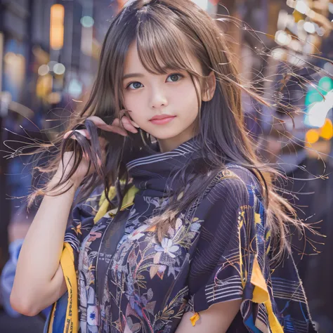 女の子1人、on tokyo street、A city scape、night cityscape、Neon Street、The upper part of the body、a closeup、A smile、、(8K、Raw photography、top-quality、​masterpiece:1.2)、(realisitic、photoRealstic:1.37)、Highly detailed eyelash drawing、(((Top image quality))),Colossal ...