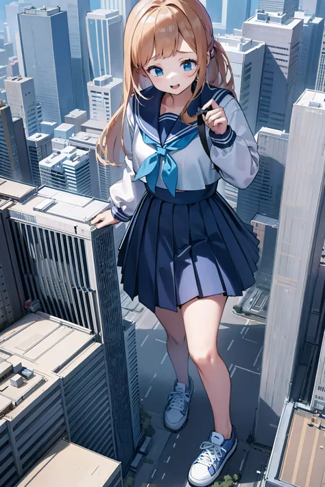 huge maiden in sneakers，a girl taller than a building，a sailor suit，short  skirt,crouch girl，train miniature toy in hand