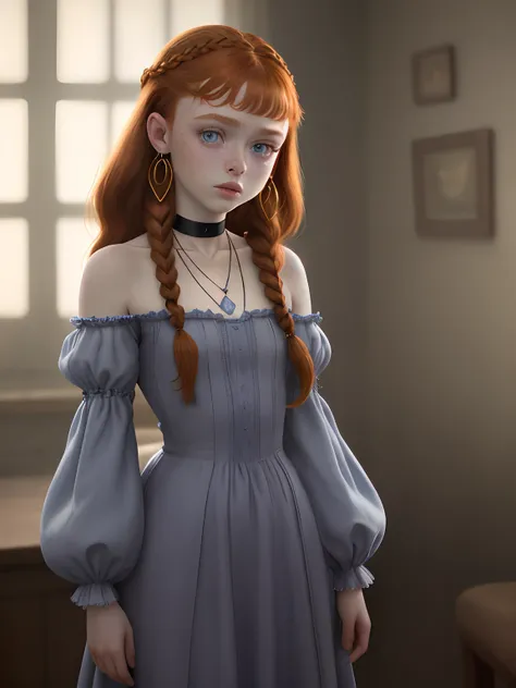 Sadie Sink, In the Lavate Movie, by Valerian Volochik, Erotic, 1girl in, Blue_Eyes, Blurry, Blurry_Background, braid, Choker, Depth_in the_field, Dress, earrings, Eyelashes, freckle, hair_Over_Shoulder, Jewelry, Lips, long_hair, long_sleeves, up looking_で_...