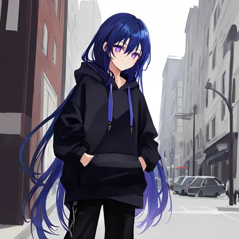 A girl with long blue hair and dark purple eyes and black pupils, wearing a black oversized hoodie and oversized dark blue pants