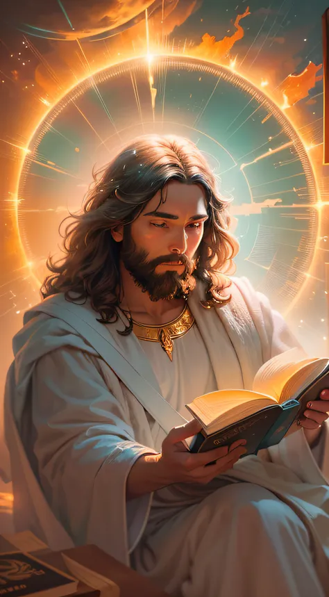 A painting of Jesus reading a book with a glittering aura, Bible illustrations, holy fire spell art, the lord and savior, My God, Religious images, Your mind is thinking about eternity, holy flame spell, A glowing halo overhead, Beautiful depiction, Sacred...