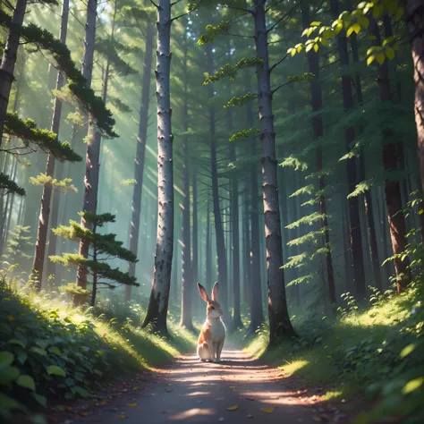 (Best quality,9K,A high resolution,Works of masters:1.2)of a real，Photorealsitic，ln the forest，rays of moonlight,Rabbit watching the moon，Lonely and helpless,Illuminated by cinematic lighting,Global illumination,Ray traching,Shot with a Nikon D750,Shot wit...