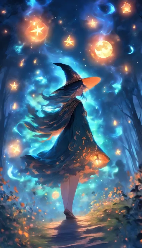 (Best Quality,4K,hight resolution),(Realistic:1.37),Witch casting orange glowing spell,Moonlight,magical fantasy forest,sparkling stars,Tree of Shadows,enchanting atmosphere,Sparkling fireflies,Mystical Orb,The witchs cloak fluttering in the wind,Ancient r...