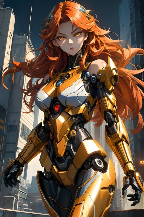 masterpiece, best quality, glowing eyes,long hair with long locks,orange hair ,golden eyes,large_breasts,{mecha clothes},robot girl,beautiful detailed face,Mechanical-arm,((beauty detailed eye)),{mecha,huge_filesize},beautiful detailed face, ((beauty detai...