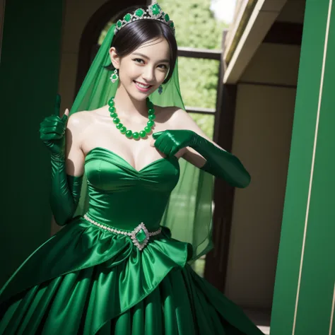 emerald tiara, Green Pearl Necklace, Boyish very short green hair, lipsticks, Japan woman smiling, very short short hair, fist, big breasts beautiful, Green eyes, Long green gloves made of satin material, Green eyes, Emerald Earrings