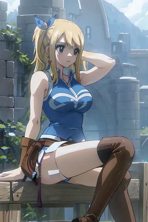 masterpiece, best quality, high resolution, lucy heartfilia, blonde hair, long hair, side ponytail, blue ribbon, brown eyes, black pupils, large breasts, earrings, thigh boots, blue shirt, sleeveless shirt, white skirt, from side, sitting, hugging own legs...