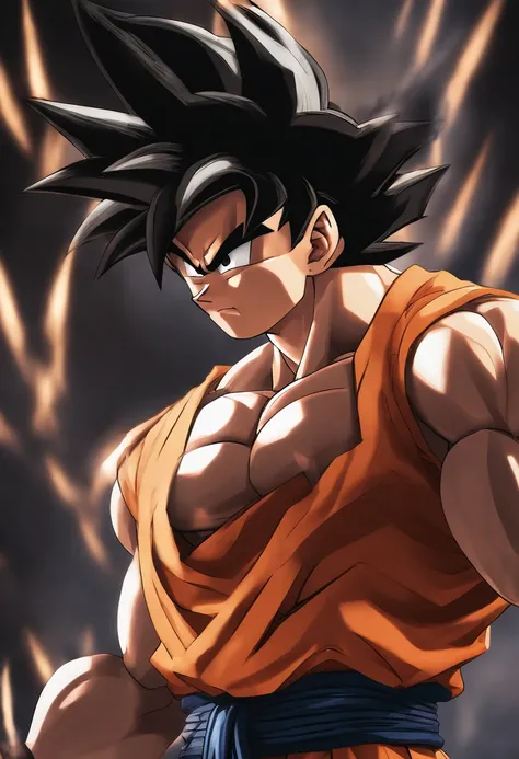 son goku, 1boy, closed mouth, male focus, muscular, muscular male, rock, sash, serious, solo, spiked hair, topless male, torn clothes, ultra instinct, black eyes, black hair, ((masterpiece))