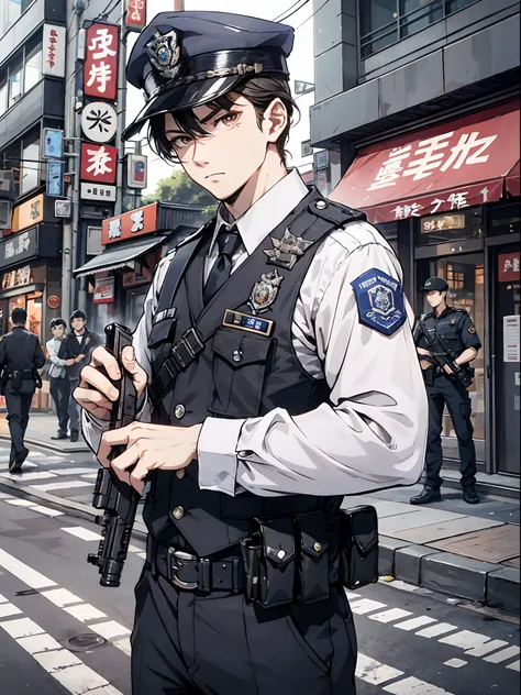 ridiculous resolution，a high resolution，（tmasterpiece：1.4），hyper-detailing，young man，holding a pistol，routine patrol , japanese ...