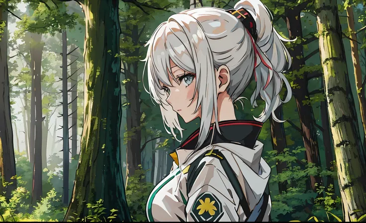 ((best quality)), anime girl with white hair and ponytail in a forest, best anime 4k konachan wallpaper, girls frontline