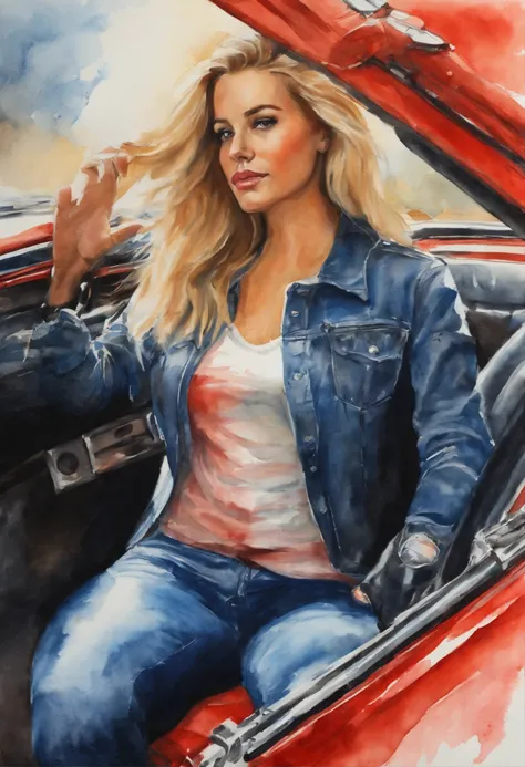 (obra-prima, mejor calidad),1chica joven sensual rubia con cabello claro sentada en un carro lamborghini rojo, la mano debajo de la barbilla, warm lighting, vestida de blue jeans and shirt, primer plano borroso