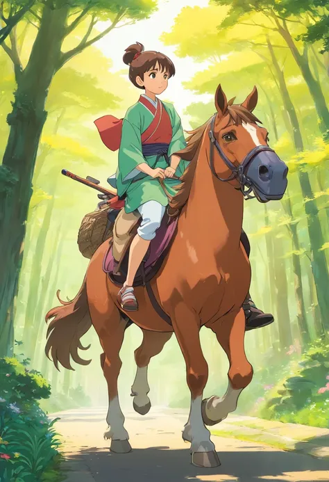 Two people carpooling on the back of a horse,Anime style,japanese samurai