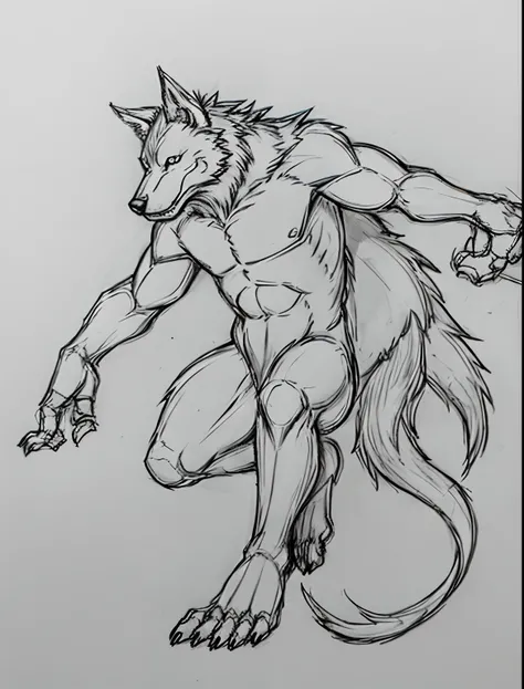 Sketch, white background, solo, wolf, beast, tail, lycanthrope, fantasy, werewolf, levitating