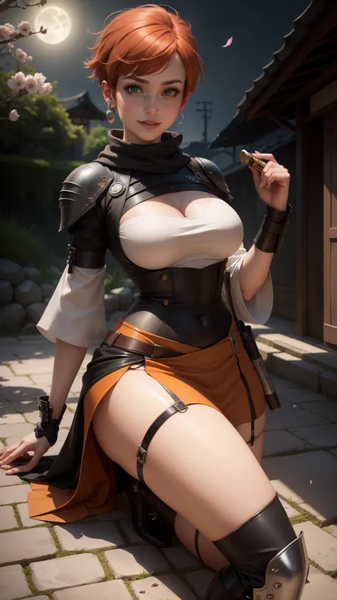 gwen tennyson,tracer,yorha 2b,rebecca chambers,samurai outfit,japan,steel armor,teenager,green eyes,garter belt, thigh high boots,short hair,orange hair,moonlight,cherry blossom,shy smile,white striped top,bodycon skirt, kimono,freckles,redhead,beautiful g...