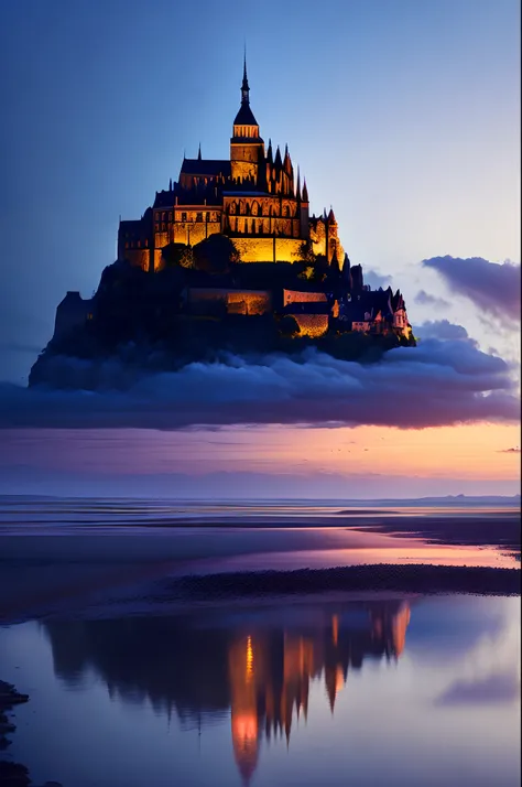 Mont Saint-Michel, Castle-like cathedral on a small island in the bay of Saint-Malo on the west coast of France, World Heritage Site, skyporn, Clouds, Magic Hour, Movie Scene, masutepiece: 1.3, Best Quality, High quality , Highly detailed CG Unity 8k wallp...