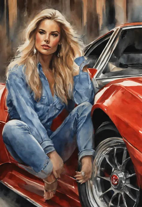 (obra-prima, mejor calidad),1chica joven sensual rubia con cabello claro sentada en un carro lamborghini rojo, la mano debajo de la barbilla, warm lighting, vestida de blue jeans and shirt, primer plano borroso