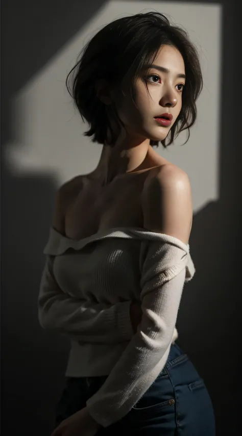 Best quality, masterpiece, ultra high res, (photorealistic:1.5), raw photo, 1girl, offshoulder, in the dark, deep shadow, low key, cold light, sexy look, short hair