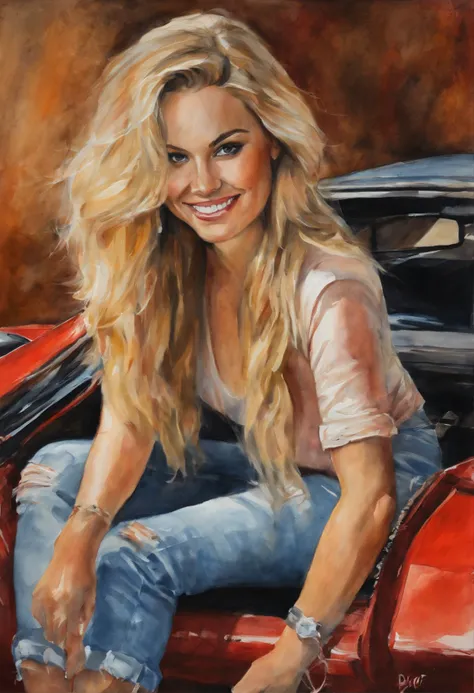 (obra-prima, mejor calidad),1chica joven sensual rubia feliz riendo con cabello claro sentada en un carro lamborghini rojo, la mano debajo de la barbilla, warm lighting, vestida de blue jeans and shirt, primer plano borroso