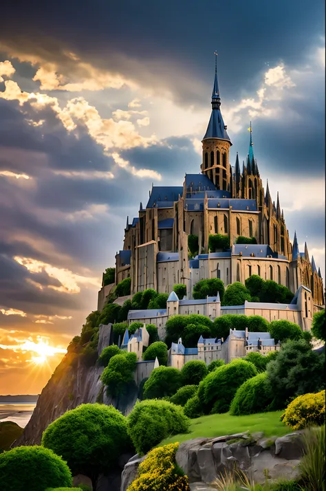 Mont Saint-Michel, A castle-like cathedral towering on a small island in the Bay of Saint-Malo on the west coast of France, World Heritage Site, skyporn, Clouds, Magic Hour, Movie Scene, masutepiece: 1.3, Best Quality, High quality , Highly detailed CG Uni...