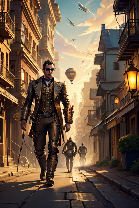 (light,steampunk,shiny),male walking on a street, bulding, house, peole on the street, machines, cogs, robots,sun in the sky, mechanic hot air balloon