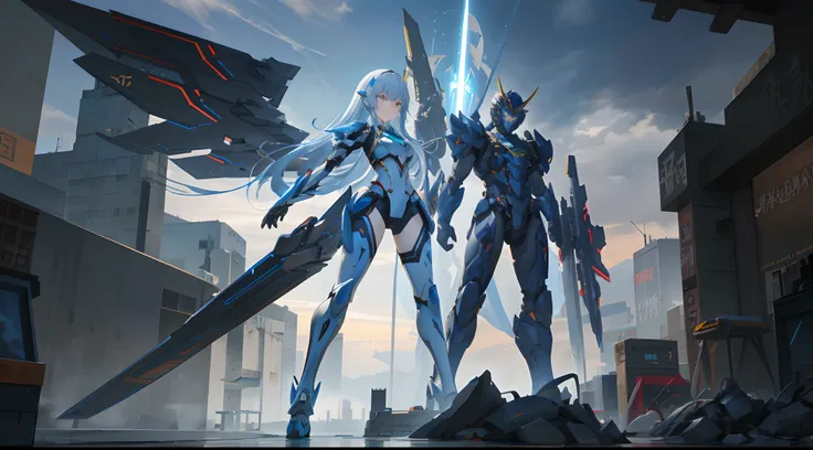 Several people stood side by side in front of a building, cgsociety and fenghua zhong, Mecha wings, devianart and cgsociety, [ trending on CGSociety ]!!, author：Jeremy Chang, ethereal and mecha theme, girl in mecha cyber armor, 2. 5 D CGI anime fantasy art...