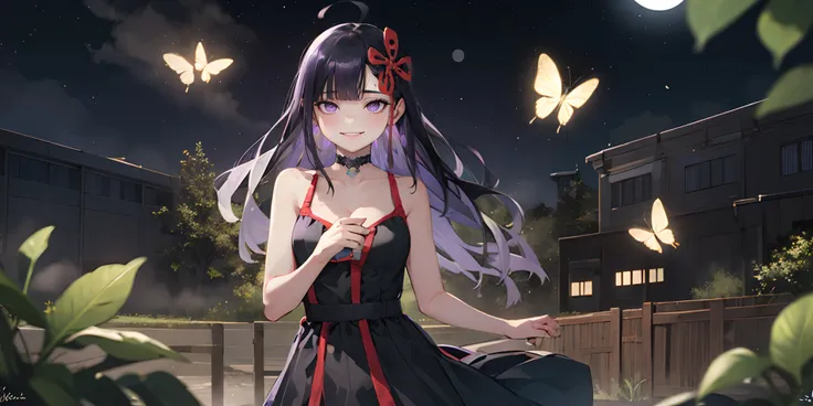 yamashiro768, (black hair, long hair, purple eyes:1.4), hair ornament, steaming body, fog, insect, bug, butterfly, blue_butterfl...