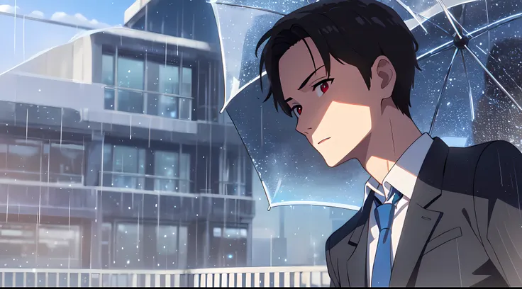 masterpiece, best quality, 1Boy, solo, short black swept to the right, forehead, red eyes, sky, rain, transparent white shirt, blue necktie, close up, look at viewer, city