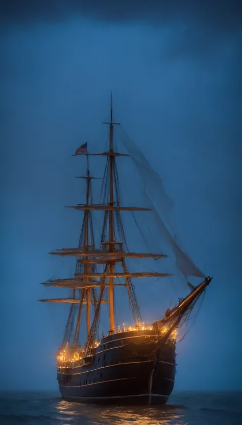 Amidst the mysterious and haunting mist of the Atlantic Ocean, the iconic silhouette of the Mary Celeste emerges, bathed in an eerie, ethereal glow. The deserted ship floats gracefully on the tranquil waters, a stark contrast to the desolation that surroun...