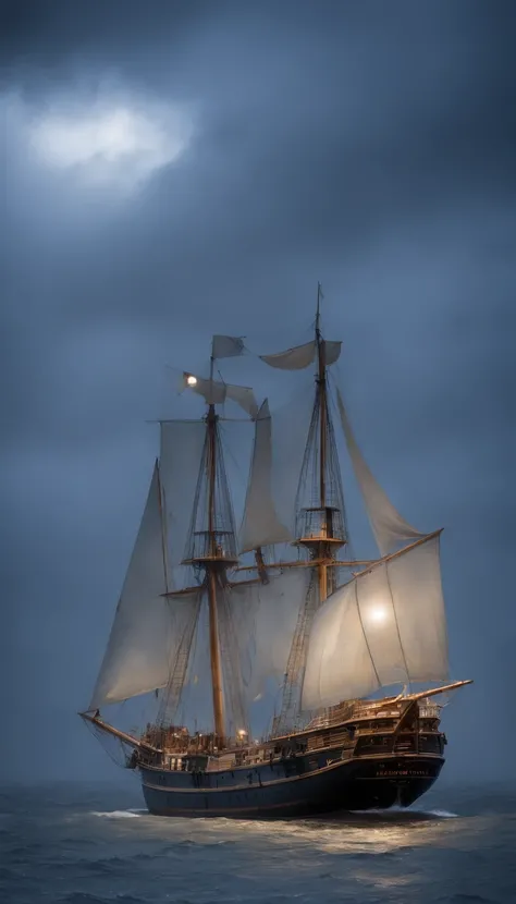 Amidst the mysterious and haunting mist of the Atlantic Ocean, the iconic silhouette of the Mary Celeste emerges, bathed in an eerie, ethereal glow. The deserted ship floats gracefully on the tranquil waters, a stark contrast to the desolation that surroun...