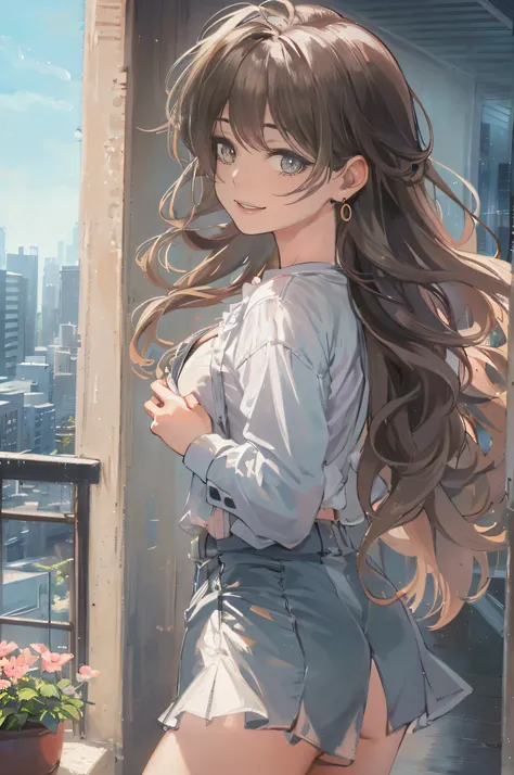 ((A beautiful and cute woman is standing on the terrace)), ((22-year-old beauty)), ((charming smile)), ((her long hair is blowing in the wind)), ((her miniskirt is Its waving in the wind)), (( You can see the cleavage of her plump bust from the blouse)), (...