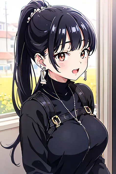 1girl
:d
bangs
black_hair
brown_eyes
crescent_earrings
cross_earrings
earrings
flower_earrings
heart_earrings
hoop_earrings
jewe...