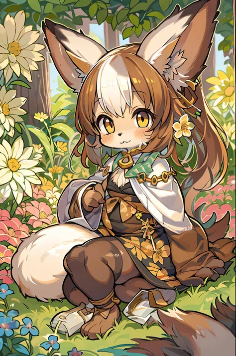 Fox, (Monster Girl), long brown ears with a dark brown inside,,, brown fur, Sunburned neck fluff, brown fluffy tail with a yellow-brown tip,,, Big brown eyes, wearing modest clothing, Sitting in the flower garden, masutepiece, Best Quality、Nanachi、Chibi