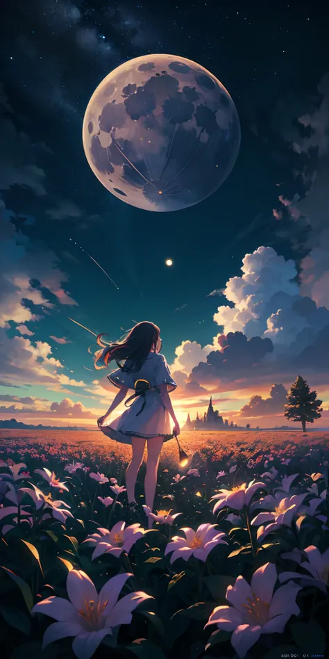 Vast landscape photo, (viewed from below, the sky is above and the open field is below), a girl standing on a flower field looking up, (full moon: 1.2), (meteor: 0.9), (nebula: 1.3), distant mountains , Trees BREAK Crafting Art, (Warm Light: 1.2), (Firefli...